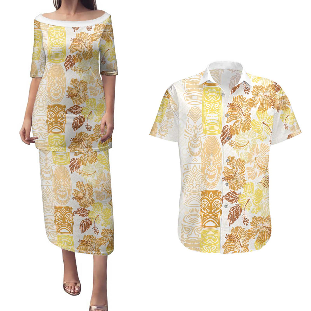 Christmas Aloha Hawaii Tiki Couples Matching Puletasi and Hawaiian Shirt Hibiscus Autumn Colors - Polynesian Pride
