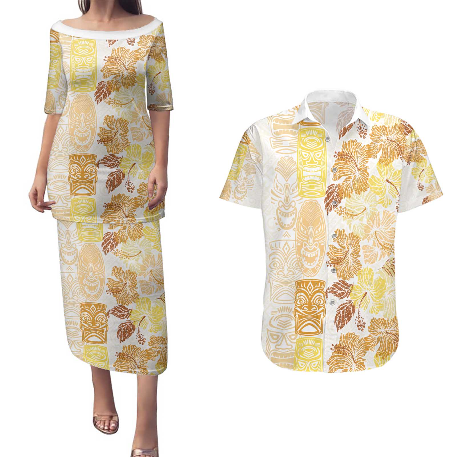 Christmas Aloha Hawaii Tiki Couples Matching Puletasi and Hawaiian Shirt Hibiscus Autumn Colors - Polynesian Pride