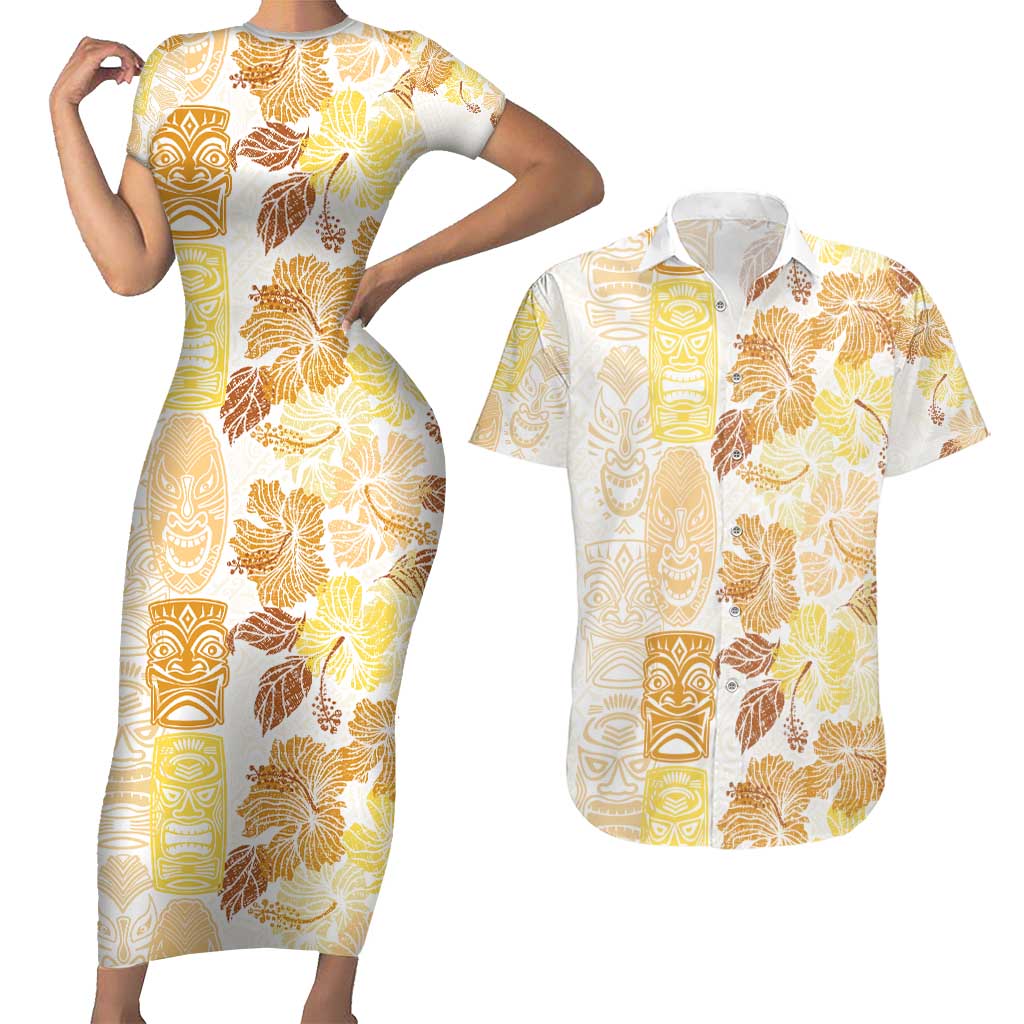 Christmas Aloha Hawaii Tiki Couples Matching Short Sleeve Bodycon Dress and Hawaiian Shirt Hibiscus Autumn Colors - Polynesian Pride