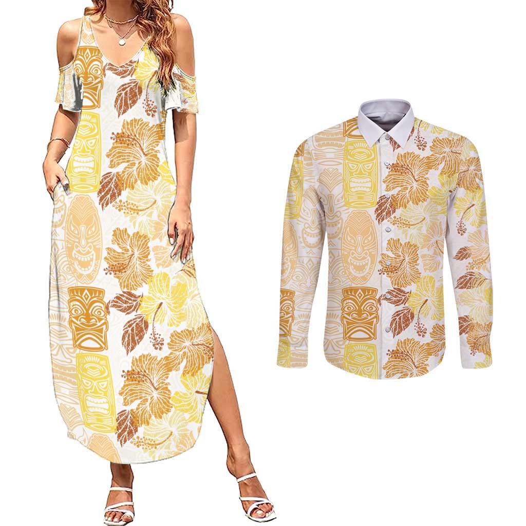 Christmas Aloha Hawaii Tiki Couples Matching Summer Maxi Dress and Long Sleeve Button Shirt Hibiscus Autumn Colors - Polynesian Pride
