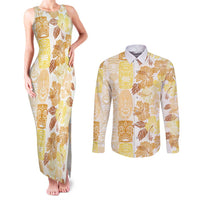 Christmas Aloha Hawaii Tiki Couples Matching Tank Maxi Dress and Long Sleeve Button Shirt Hibiscus Autumn Colors - Polynesian Pride