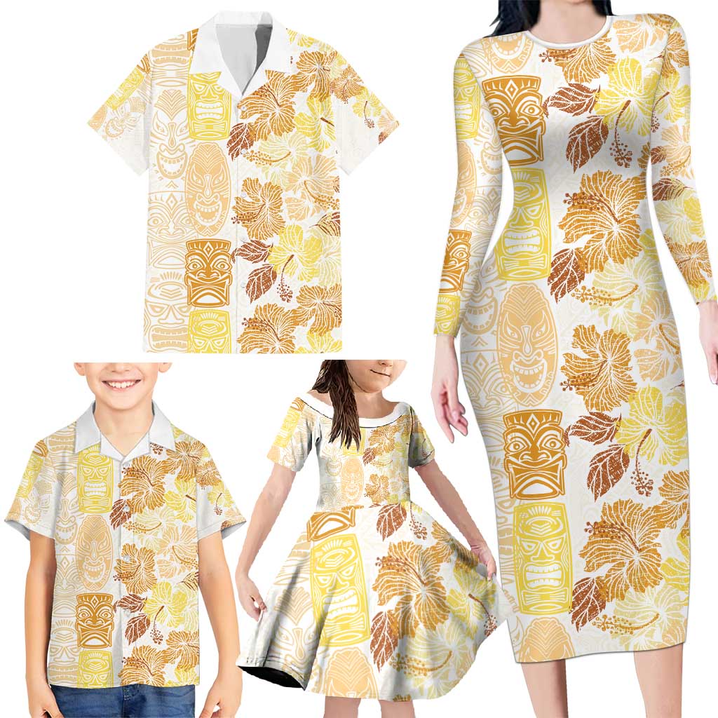 Christmas Aloha Hawaii Tiki Family Matching Long Sleeve Bodycon Dress and Hawaiian Shirt Hibiscus Autumn Colors - Polynesian Pride