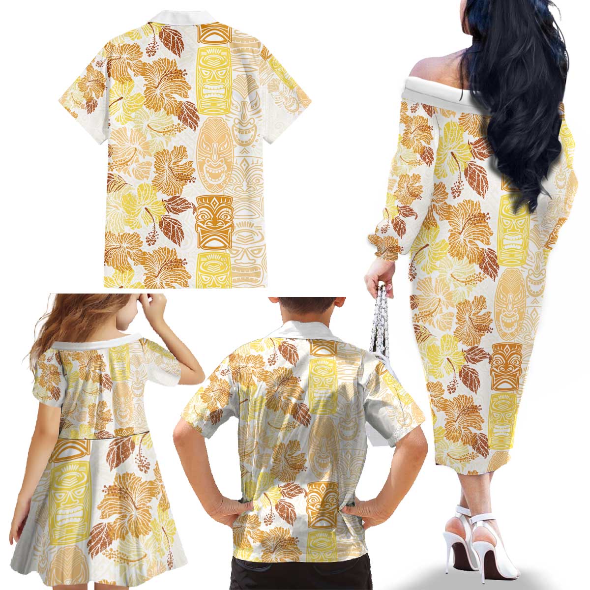 Christmas Aloha Hawaii Tiki Family Matching Off The Shoulder Long Sleeve Dress and Hawaiian Shirt Hibiscus Autumn Colors - Polynesian Pride