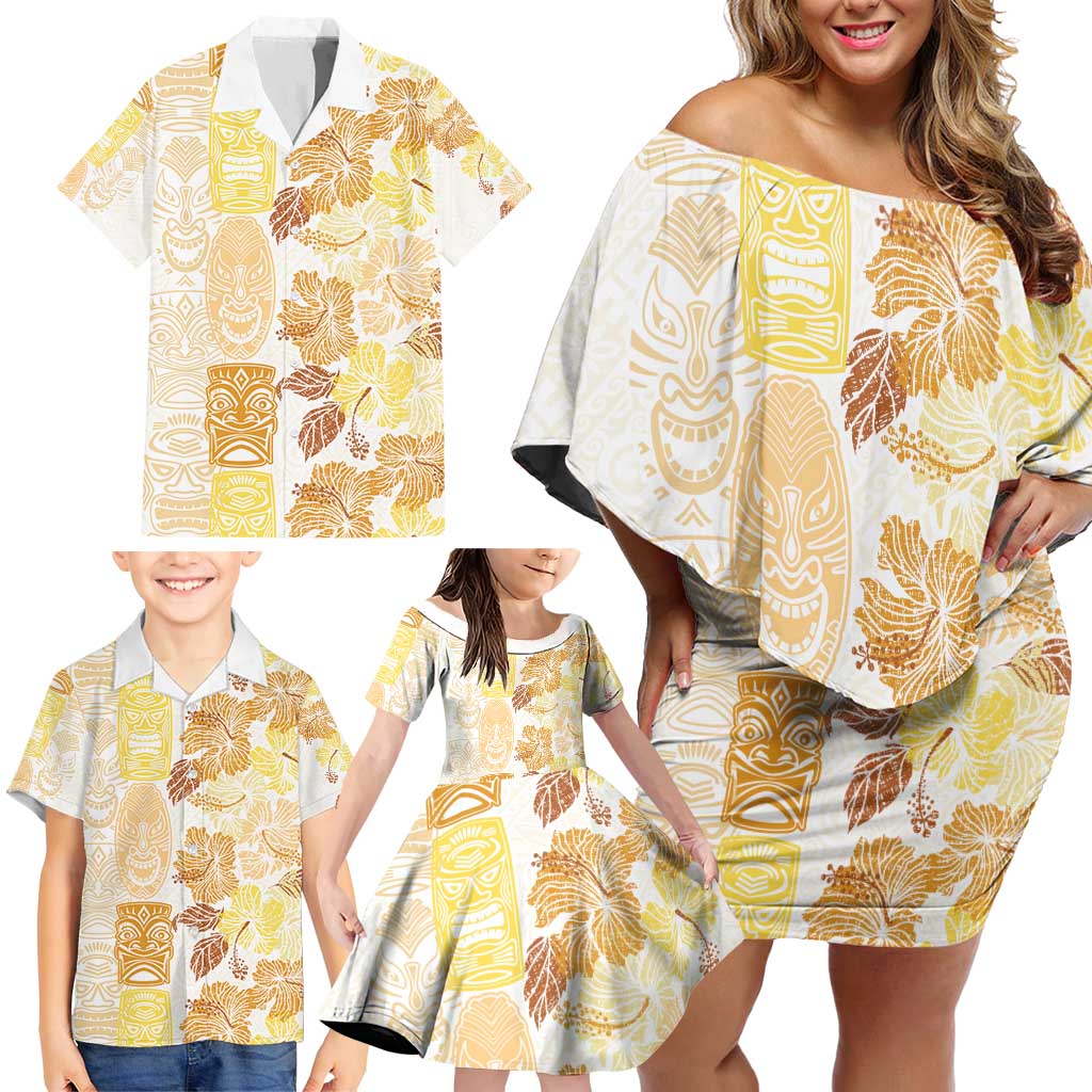 Christmas Aloha Hawaii Tiki Family Matching Off Shoulder Short Dress and Hawaiian Shirt Hibiscus Autumn Colors - Polynesian Pride