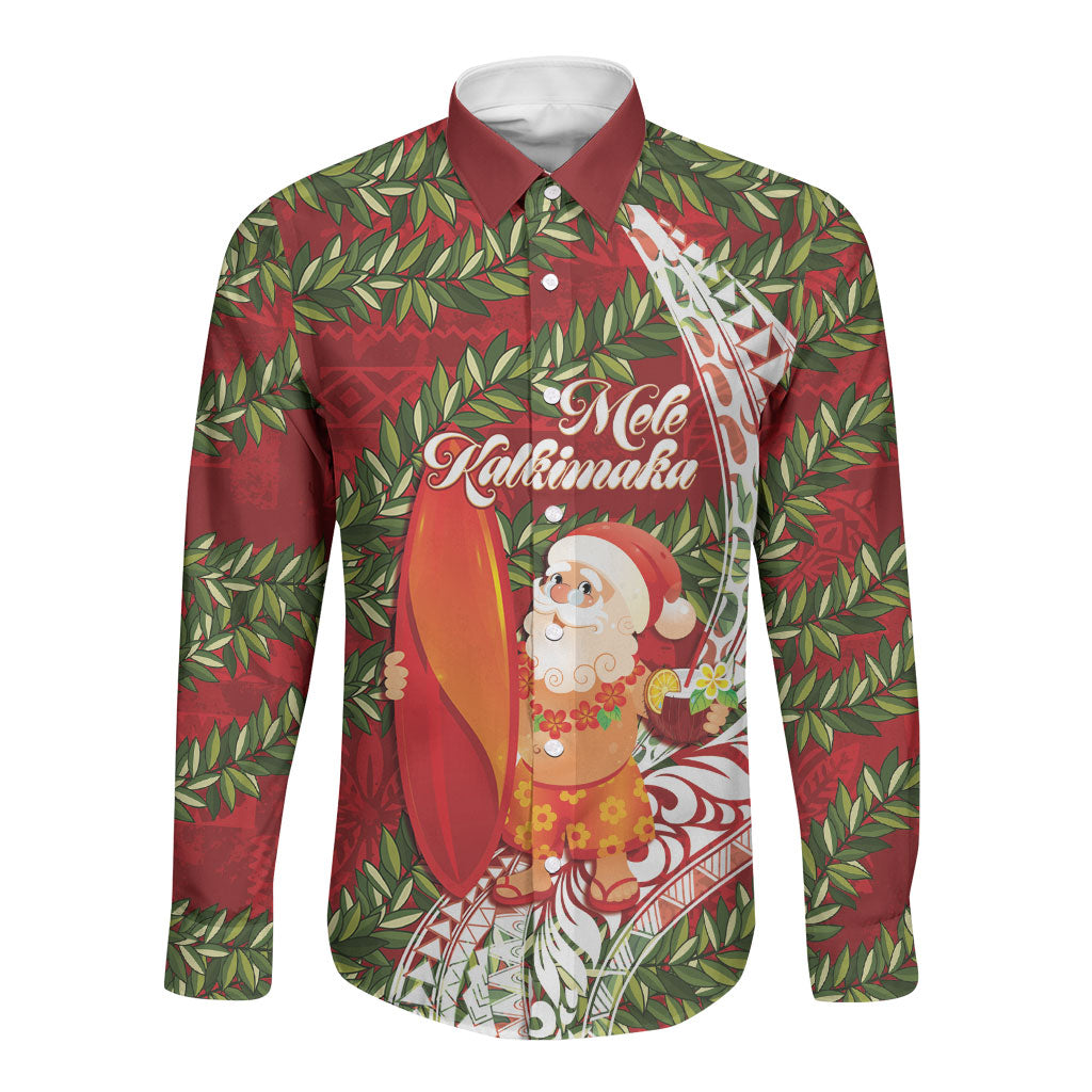 Mele Kalikimaka Hawaii Christmas Maile Lei Long Sleeve Button Shirt Tropical Santa