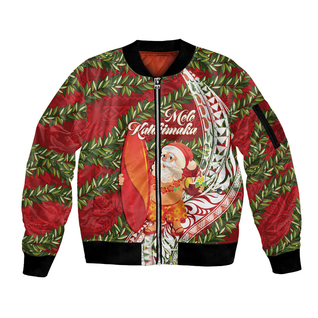Mele Kalikimaka Hawaii Christmas Maile Lei Sleeve Zip Bomber Jacket Tropical Santa