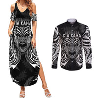 Custom New Zealand Rugby Couples Matching Summer Maxi Dress and Long Sleeve Button Shirt 2023 World Cup Aotearoa Haka Face LT7 Black - Polynesian Pride