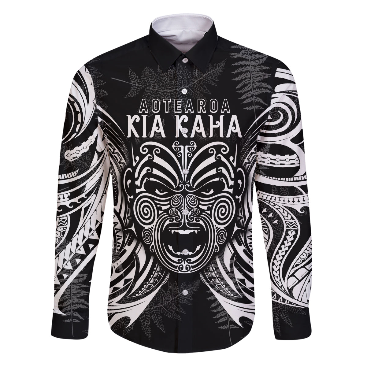 Custom New Zealand Rugby Family Matching Puletasi Dress and Hawaiian Shirt 2023 World Cup Aotearoa Haka Face LT7 Dad's Shirt - Long Sleeve Black - Polynesian Pride