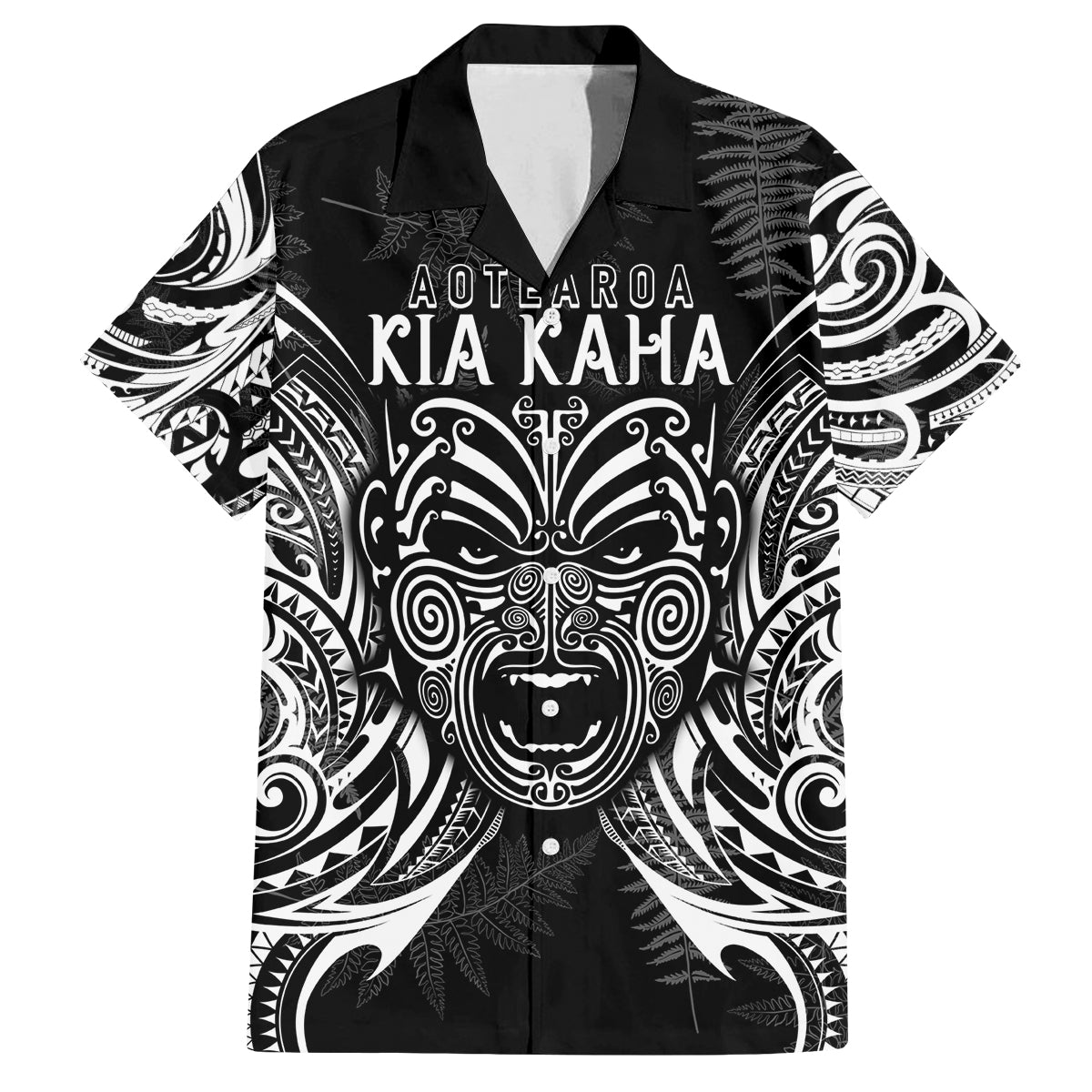 Custom New Zealand Rugby Family Matching Tank Maxi Dress and Hawaiian Shirt 2023 World Cup Aotearoa Haka Face LT7 Dad's Shirt - Short Sleeve Black - Polynesian Pride