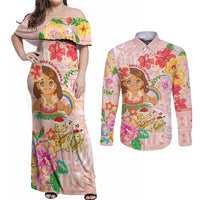 Aloha Hawaii Couples Matching Off Shoulder Maxi Dress and Long Sleeve Button Shirt Kawaii Mele Kalikimaka - Pastel Fever