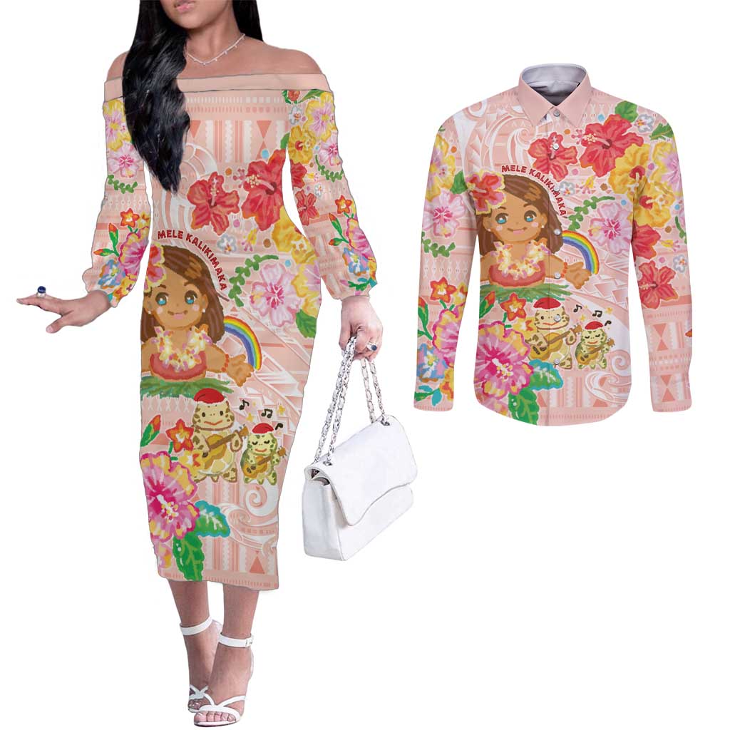 Aloha Hawaii Couples Matching Off The Shoulder Long Sleeve Dress and Long Sleeve Button Shirt Kawaii Mele Kalikimaka - Pastel Fever