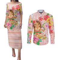 Aloha Hawaii Couples Matching Puletasi and Long Sleeve Button Shirt Kawaii Mele Kalikimaka - Pastel Fever