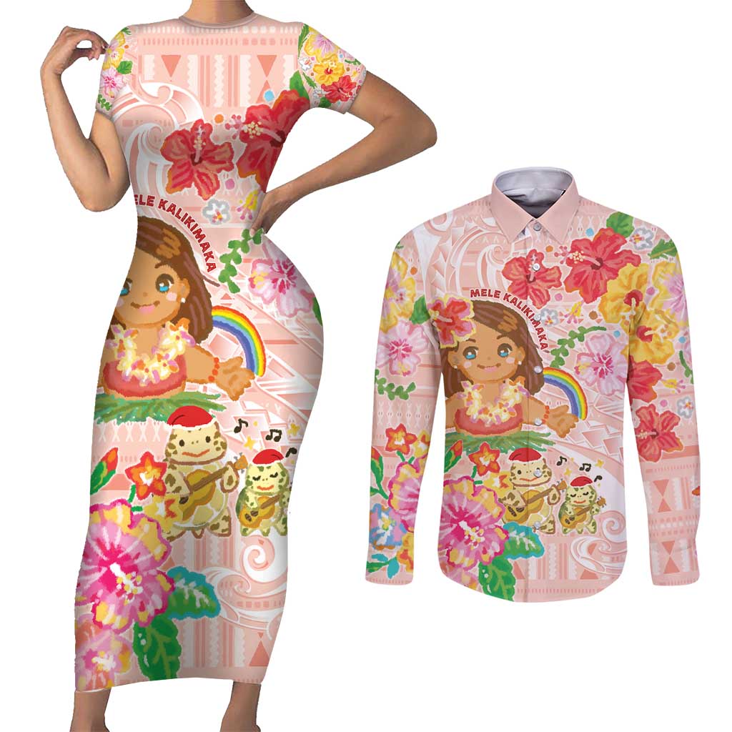 Aloha Hawaii Couples Matching Short Sleeve Bodycon Dress and Long Sleeve Button Shirt Kawaii Mele Kalikimaka - Pastel Fever