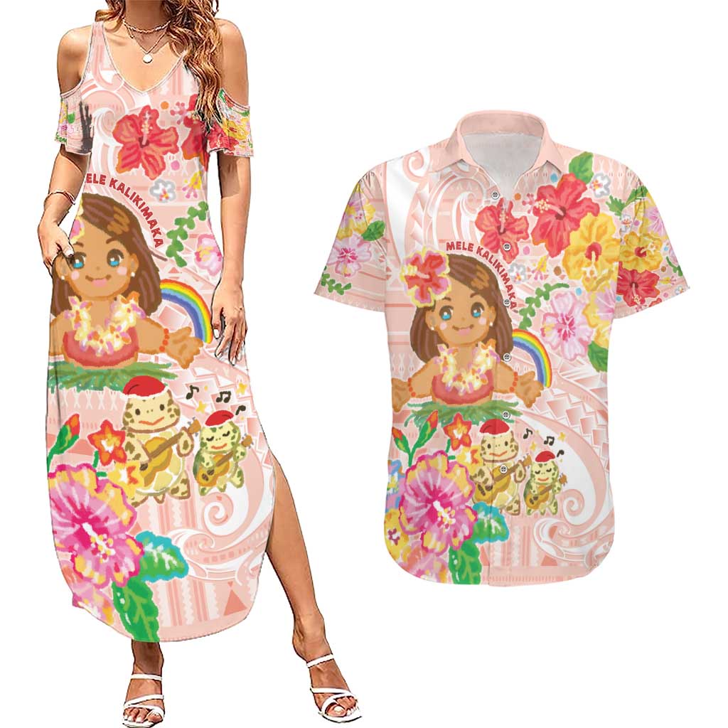Aloha Hawaii Couples Matching Summer Maxi Dress and Hawaiian Shirt Kawaii Mele Kalikimaka - Pastel Fever