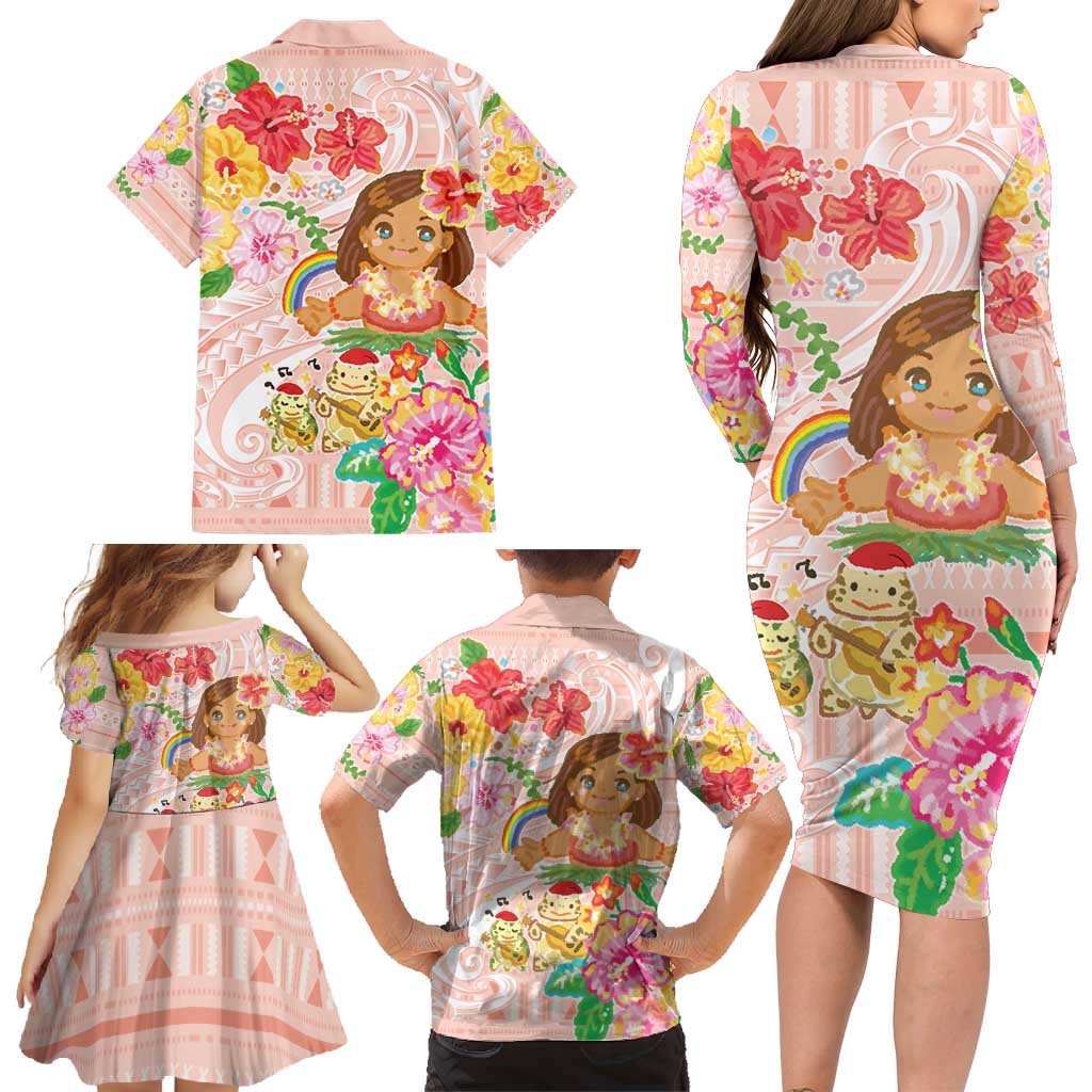 Aloha Hawaii Family Matching Long Sleeve Bodycon Dress and Hawaiian Shirt Kawaii Mele Kalikimaka - Pastel Fever