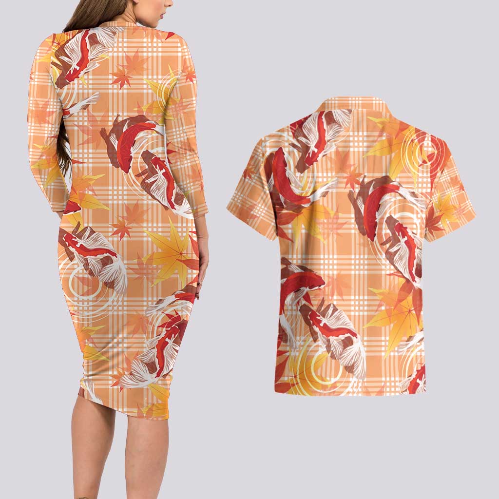 Orange Palaka Hawaii Aloha Couples Matching Long Sleeve Bodycon Dress and Hawaiian Shirt Koi Pond Mix Japanese Maple - Polynesian Pride