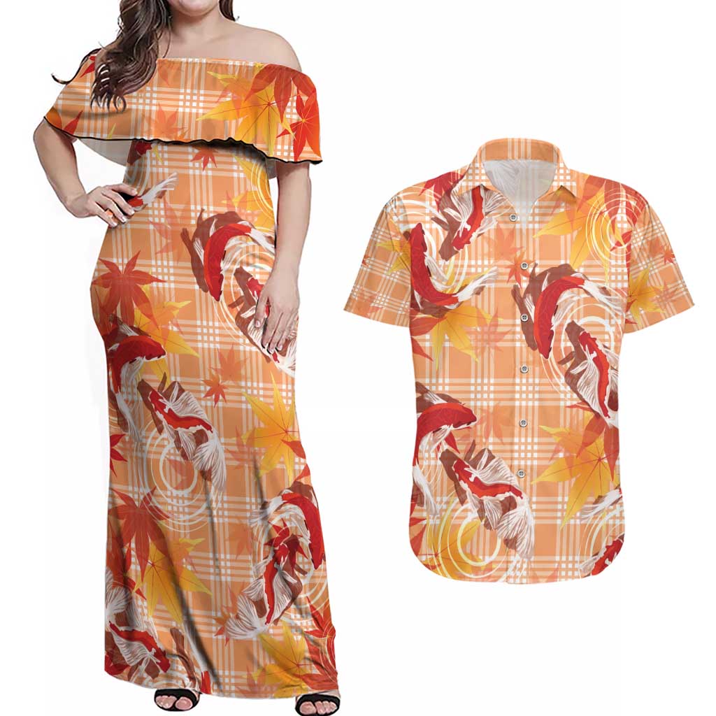 Orange Palaka Hawaii Aloha Couples Matching Off Shoulder Maxi Dress and Hawaiian Shirt Koi Pond Mix Japanese Maple - Polynesian Pride