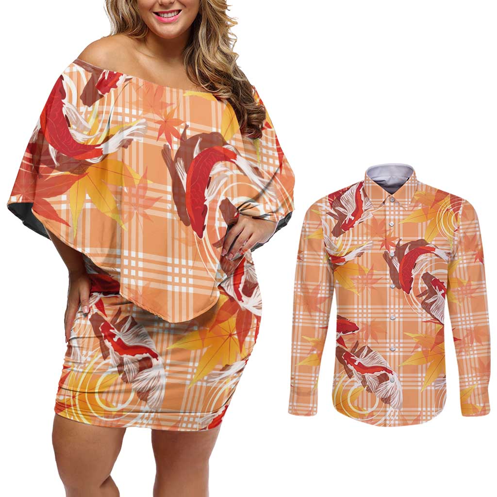 Orange Palaka Hawaii Aloha Couples Matching Off Shoulder Short Dress and Long Sleeve Button Shirt Koi Pond Mix Japanese Maple - Polynesian Pride