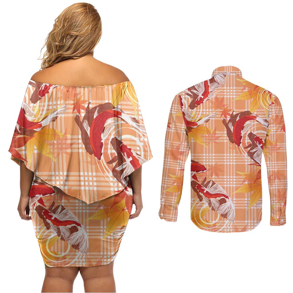 Orange Palaka Hawaii Aloha Couples Matching Off Shoulder Short Dress and Long Sleeve Button Shirt Koi Pond Mix Japanese Maple - Polynesian Pride