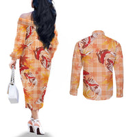 Orange Palaka Hawaii Aloha Couples Matching Off The Shoulder Long Sleeve Dress and Long Sleeve Button Shirt Koi Pond Mix Japanese Maple - Polynesian Pride