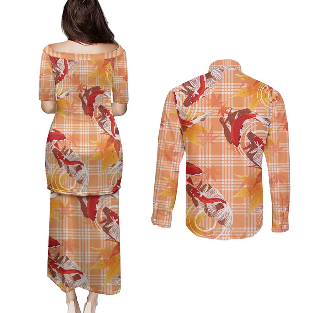Orange Palaka Hawaii Aloha Couples Matching Puletasi and Long Sleeve Button Shirt Koi Pond Mix Japanese Maple - Polynesian Pride
