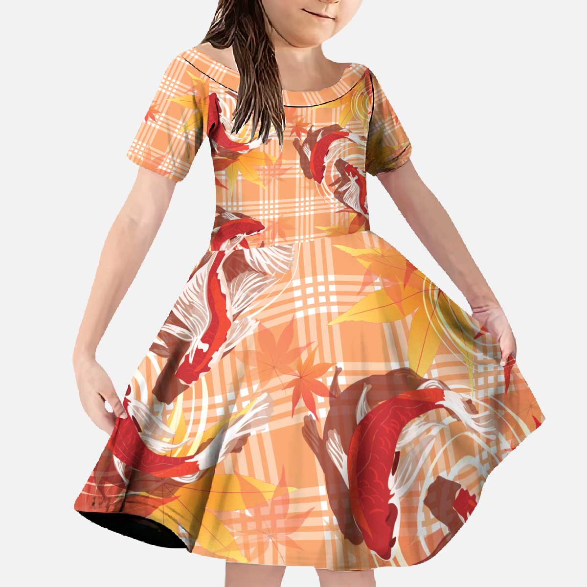 Orange Palaka Hawaii Aloha Family Matching Off The Shoulder Long Sleeve Dress and Hawaiian Shirt Koi Pond Mix Japanese Maple - Polynesian Pride