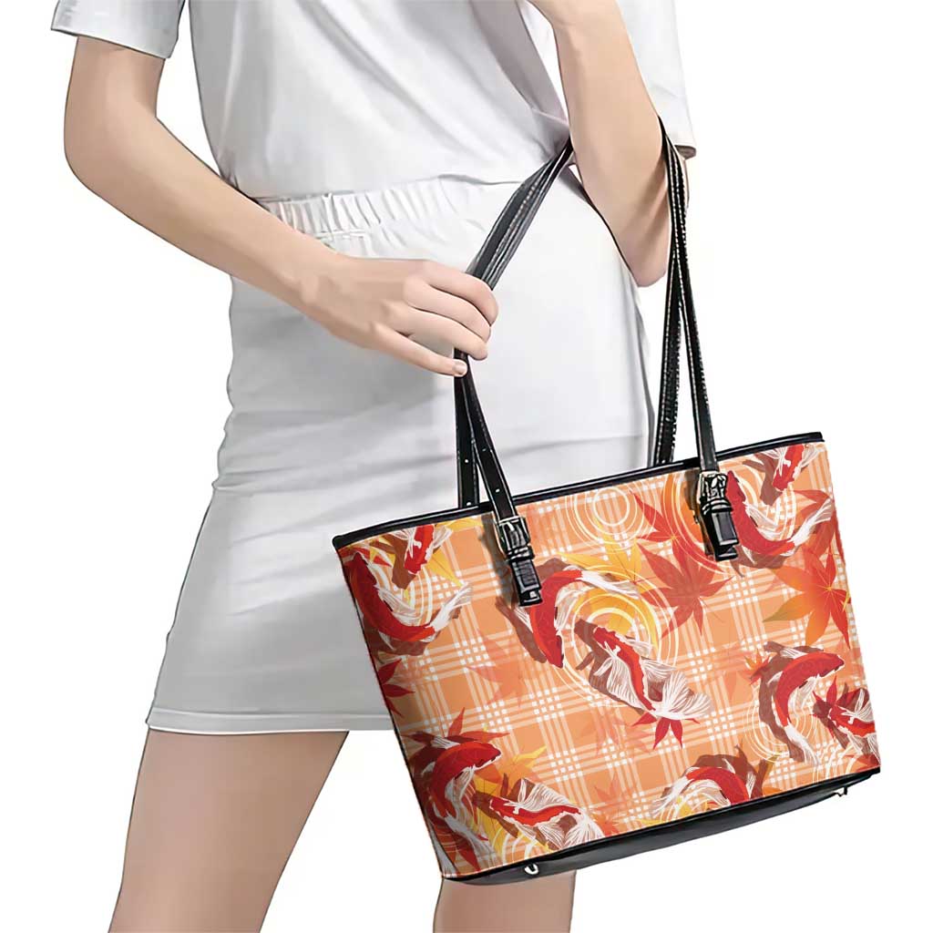 Orange Palaka Hawaii Aloha Leather Tote Bag Koi Pond Mix Japanese Maple - Polynesian Pride
