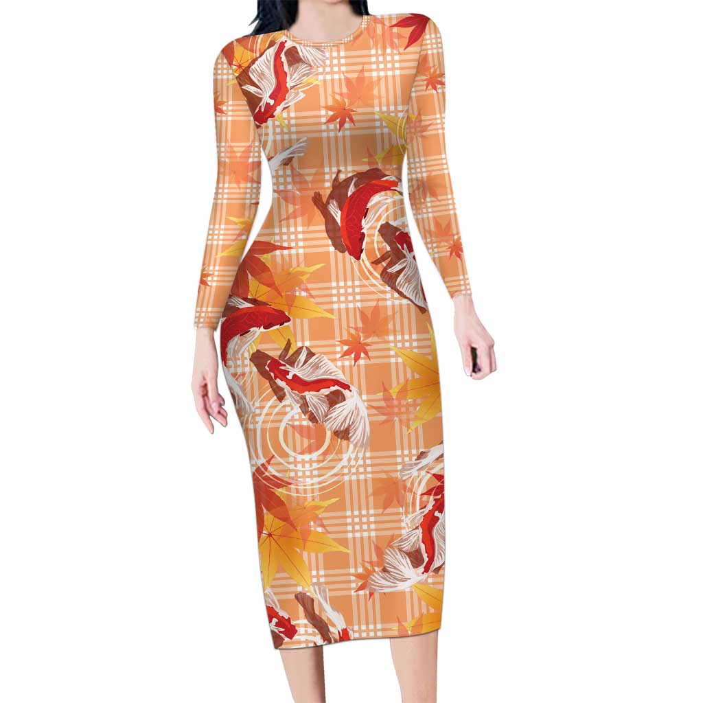 Orange Palaka Hawaii Aloha Long Sleeve Bodycon Dress Koi Pond Mix Japanese Maple - Polynesian Pride