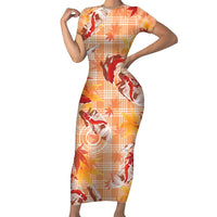 Orange Palaka Hawaii Aloha Short Sleeve Bodycon Dress Koi Pond Mix Japanese Maple - Polynesian Pride