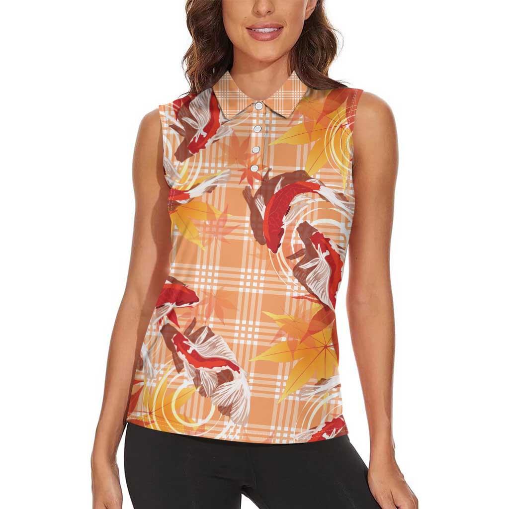Orange Palaka Hawaii Aloha Women Sleeveless Polo Shirt Koi Pond Mix Japanese Maple - Polynesian Pride