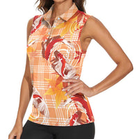 Orange Palaka Hawaii Aloha Women Sleeveless Polo Shirt Koi Pond Mix Japanese Maple - Polynesian Pride