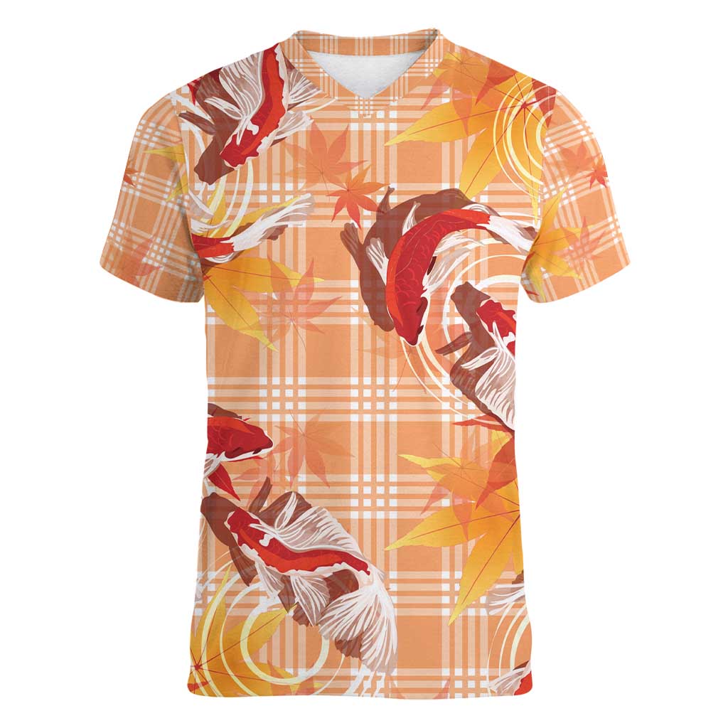 Orange Palaka Hawaii Aloha Women V-Neck T-Shirt Koi Pond Mix Japanese Maple - Polynesian Pride