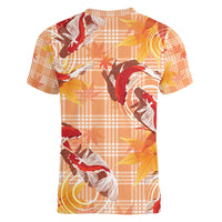Orange Palaka Hawaii Aloha Women V-Neck T-Shirt Koi Pond Mix Japanese Maple - Polynesian Pride