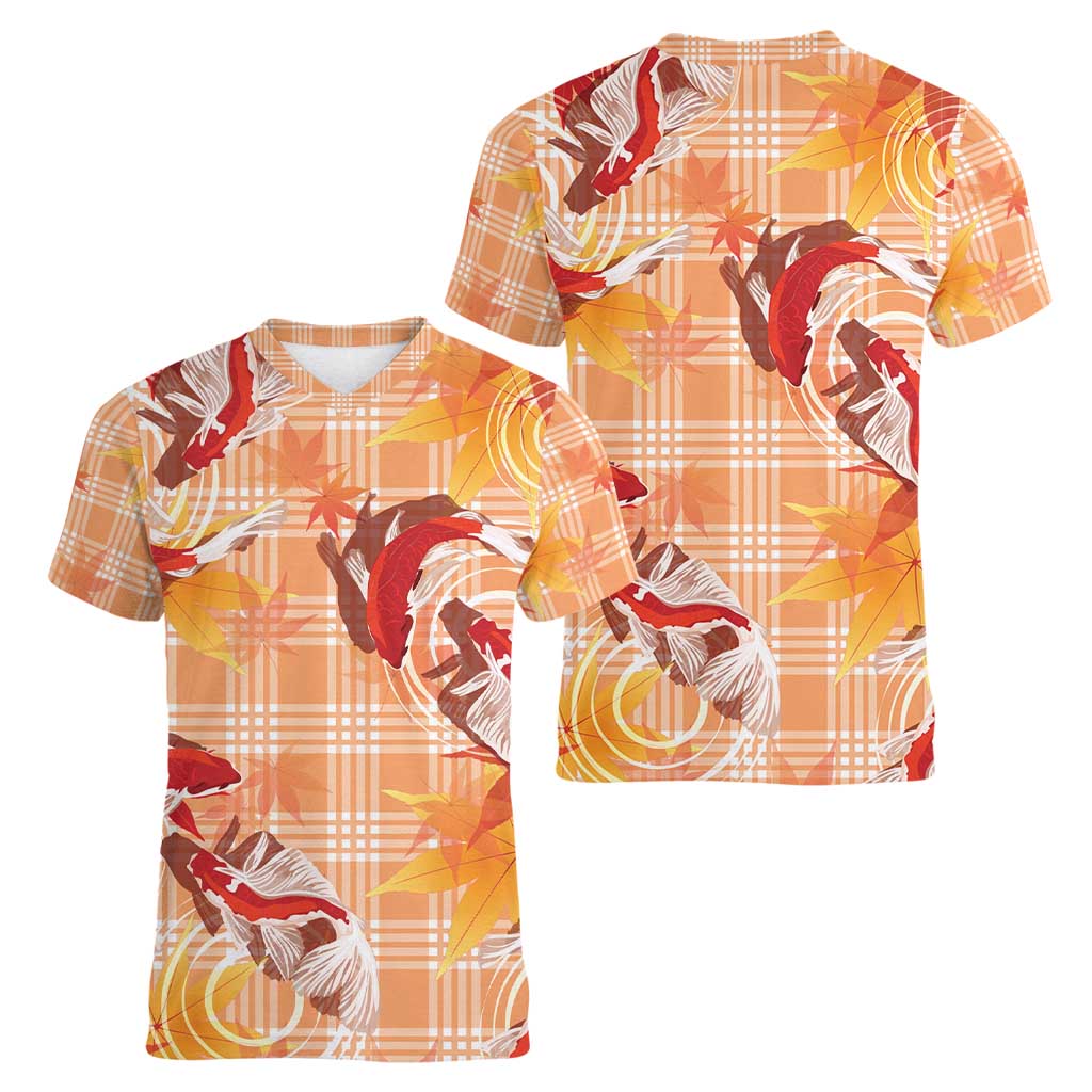Orange Palaka Hawaii Aloha Women V-Neck T-Shirt Koi Pond Mix Japanese Maple - Polynesian Pride
