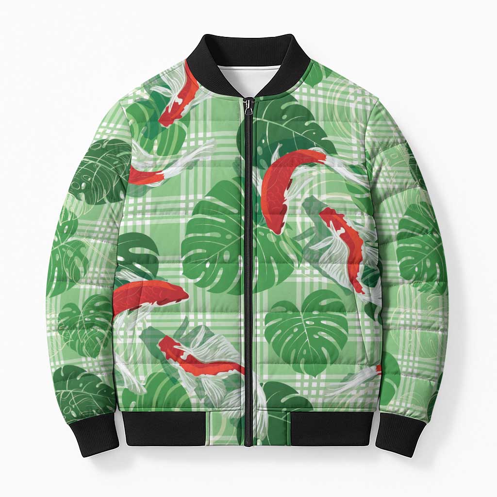 Lime Palaka Hawaii Aloha Bomber Puffer Jacket Koi Pond Mix Monstera - Polynesian Pride