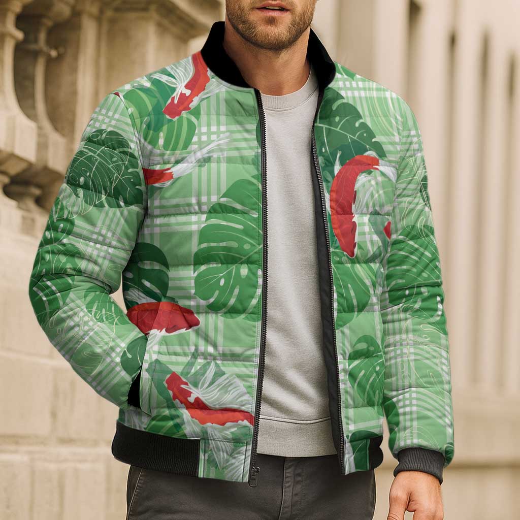 Lime Palaka Hawaii Aloha Bomber Puffer Jacket Koi Pond Mix Monstera - Polynesian Pride