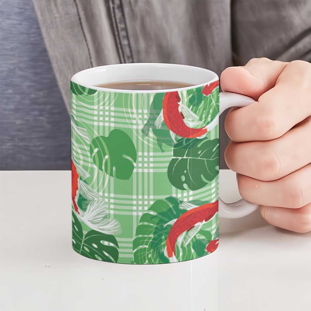 Lime Palaka Hawaii Aloha Ceramic Mug Koi Pond Mix Monstera - Polynesian Pride
