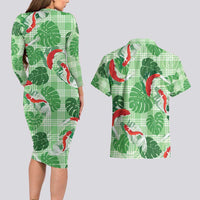 Lime Palaka Hawaii Aloha Couples Matching Long Sleeve Bodycon Dress and Hawaiian Shirt Koi Pond Mix Monstera - Polynesian Pride
