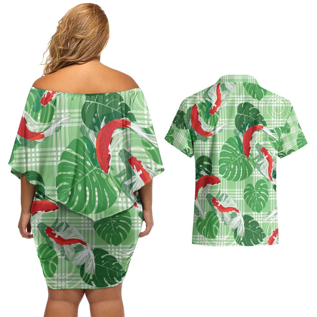 Lime Palaka Hawaii Aloha Couples Matching Off Shoulder Short Dress and Hawaiian Shirt Koi Pond Mix Monstera - Polynesian Pride