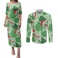 Lime Palaka Hawaii Aloha Couples Matching Puletasi and Long Sleeve Button Shirt Koi Pond Mix Monstera - Polynesian Pride