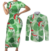 Lime Palaka Hawaii Aloha Couples Matching Short Sleeve Bodycon Dress and Long Sleeve Button Shirt Koi Pond Mix Monstera - Polynesian Pride