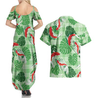 Lime Palaka Hawaii Aloha Couples Matching Summer Maxi Dress and Hawaiian Shirt Koi Pond Mix Monstera - Polynesian Pride