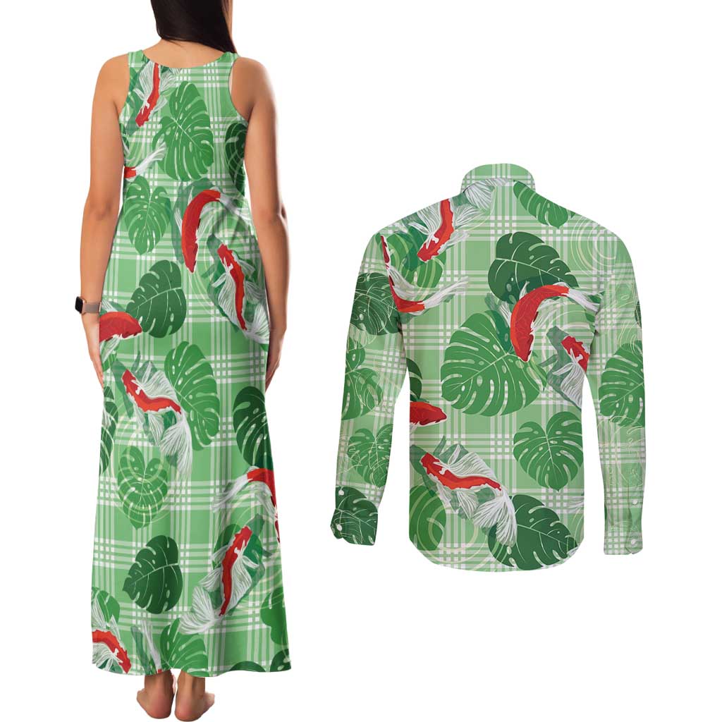 Lime Palaka Hawaii Aloha Couples Matching Tank Maxi Dress and Long Sleeve Button Shirt Koi Pond Mix Monstera - Polynesian Pride
