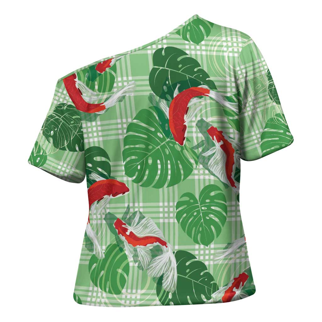 Lime Palaka Hawaii Aloha Cross Shoulder Shirt Koi Pond Mix Monstera - Polynesian Pride