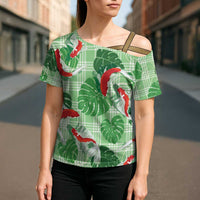 Lime Palaka Hawaii Aloha Cross Shoulder Shirt Koi Pond Mix Monstera - Polynesian Pride