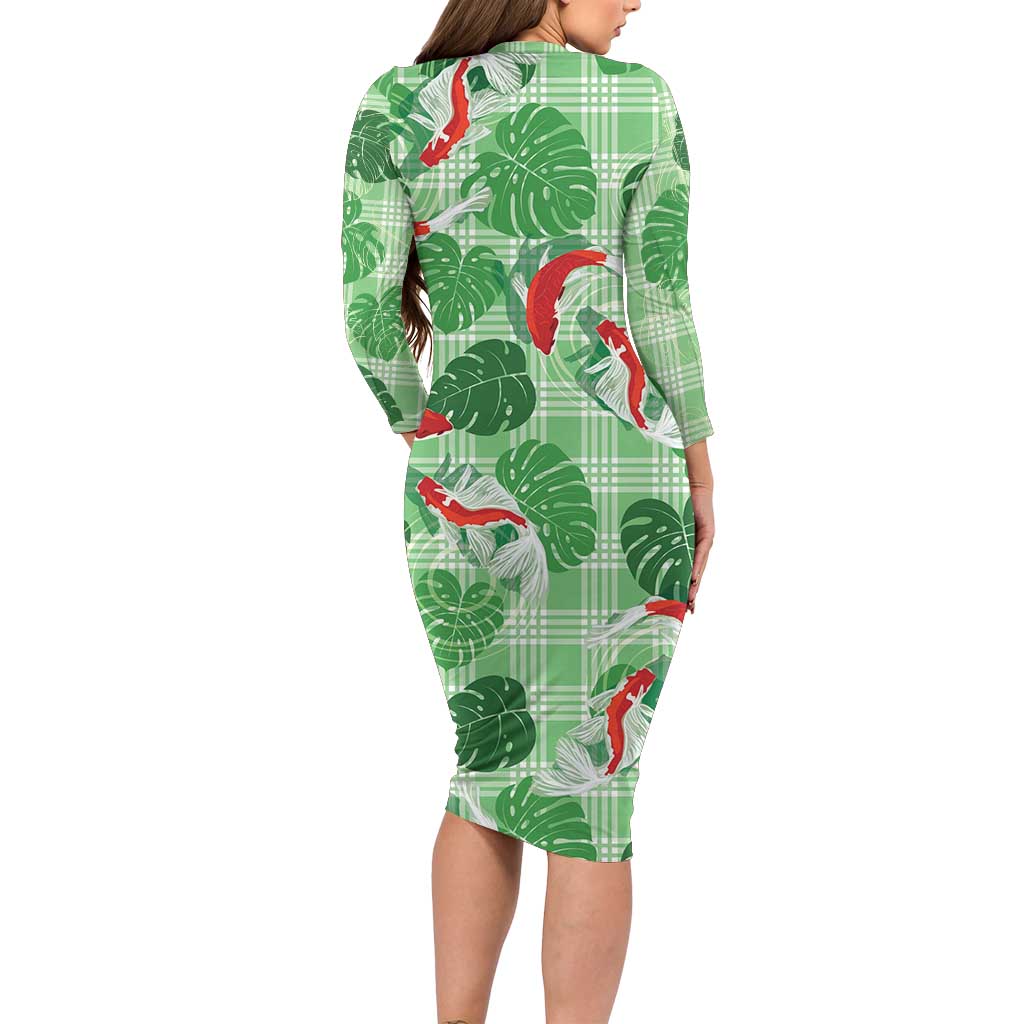 Lime Palaka Hawaii Aloha Family Matching Long Sleeve Bodycon Dress and Hawaiian Shirt Koi Pond Mix Monstera - Polynesian Pride