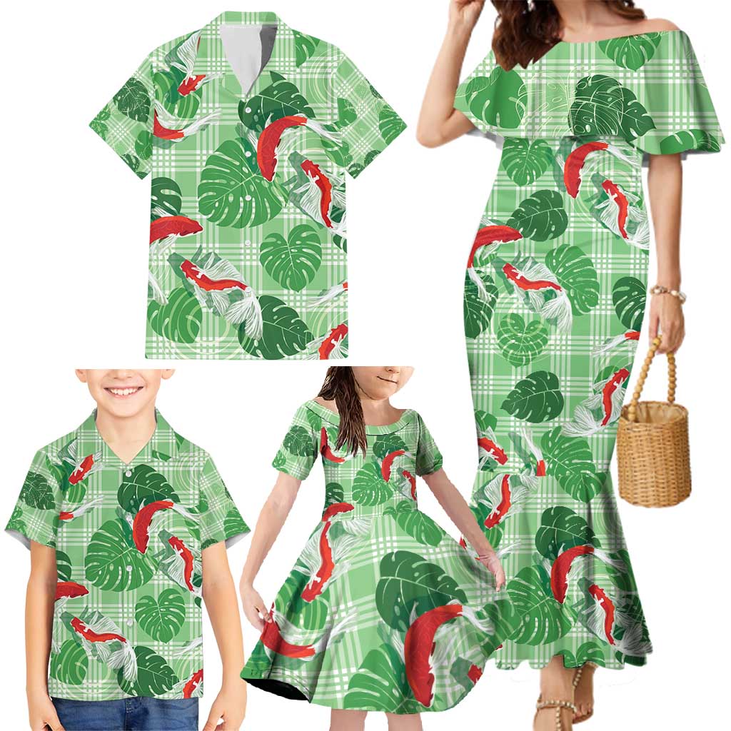 Lime Palaka Hawaii Aloha Family Matching Mermaid Dress and Hawaiian Shirt Koi Pond Mix Monstera - Polynesian Pride