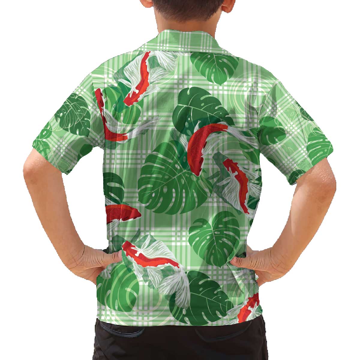 Lime Palaka Hawaii Aloha Family Matching Off The Shoulder Long Sleeve Dress and Hawaiian Shirt Koi Pond Mix Monstera - Polynesian Pride