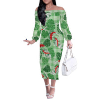 Lime Palaka Hawaii Aloha Family Matching Off The Shoulder Long Sleeve Dress and Hawaiian Shirt Koi Pond Mix Monstera - Polynesian Pride