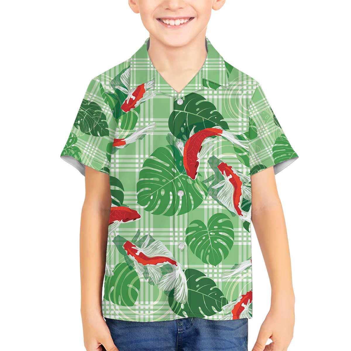 Lime Palaka Hawaii Aloha Family Matching Off The Shoulder Long Sleeve Dress and Hawaiian Shirt Koi Pond Mix Monstera - Polynesian Pride